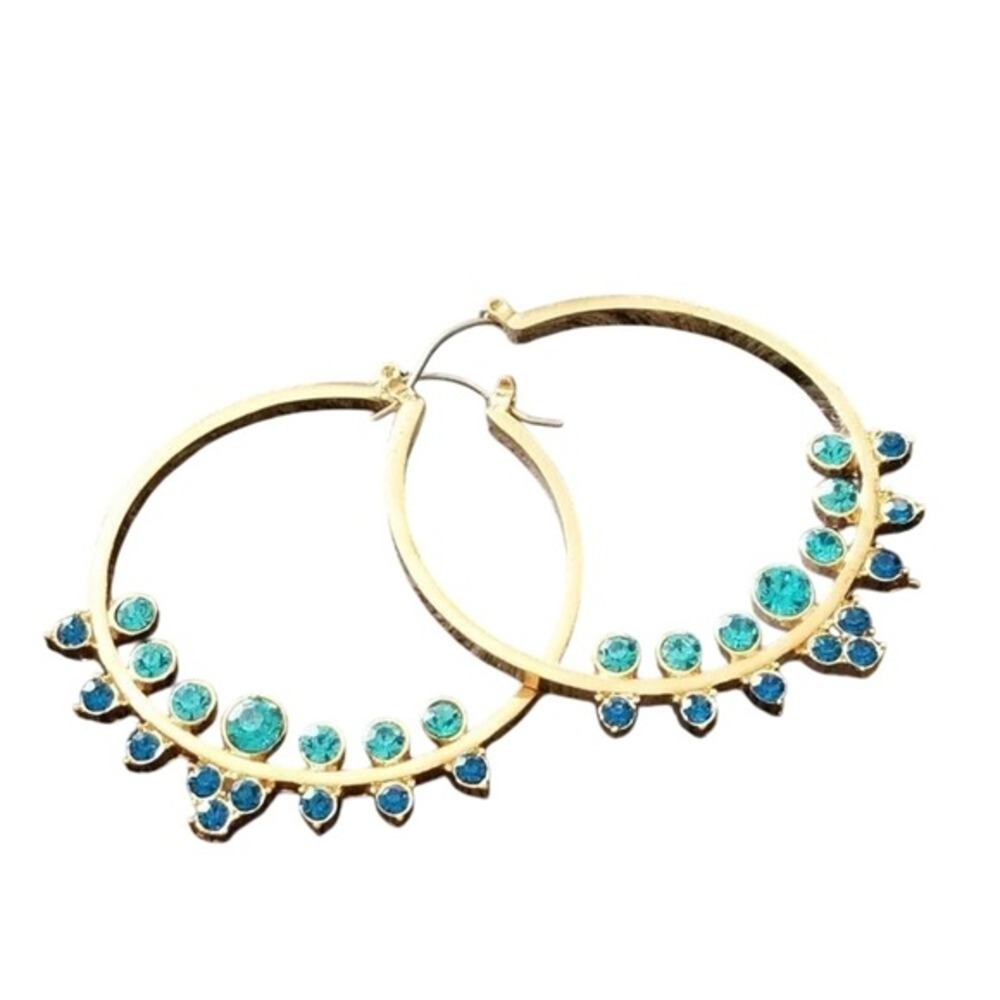 Lucky Brand Gold Turquoise Royal Blue Rhinestone Hoop Earrings Latch Statement